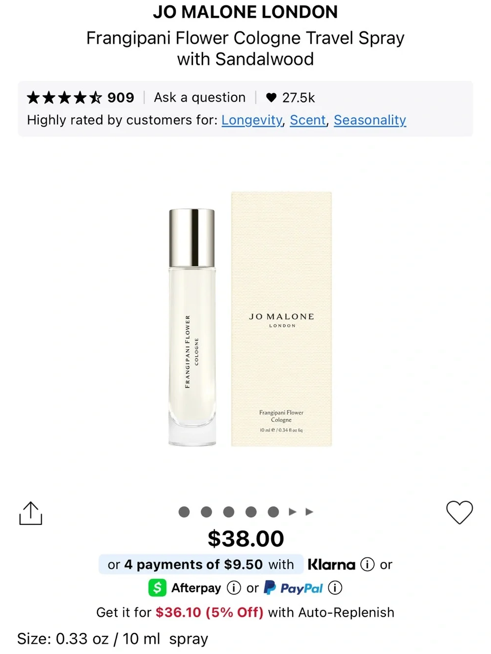 New! Jo Malone London Frangipani Flower Cologne 10 ml new